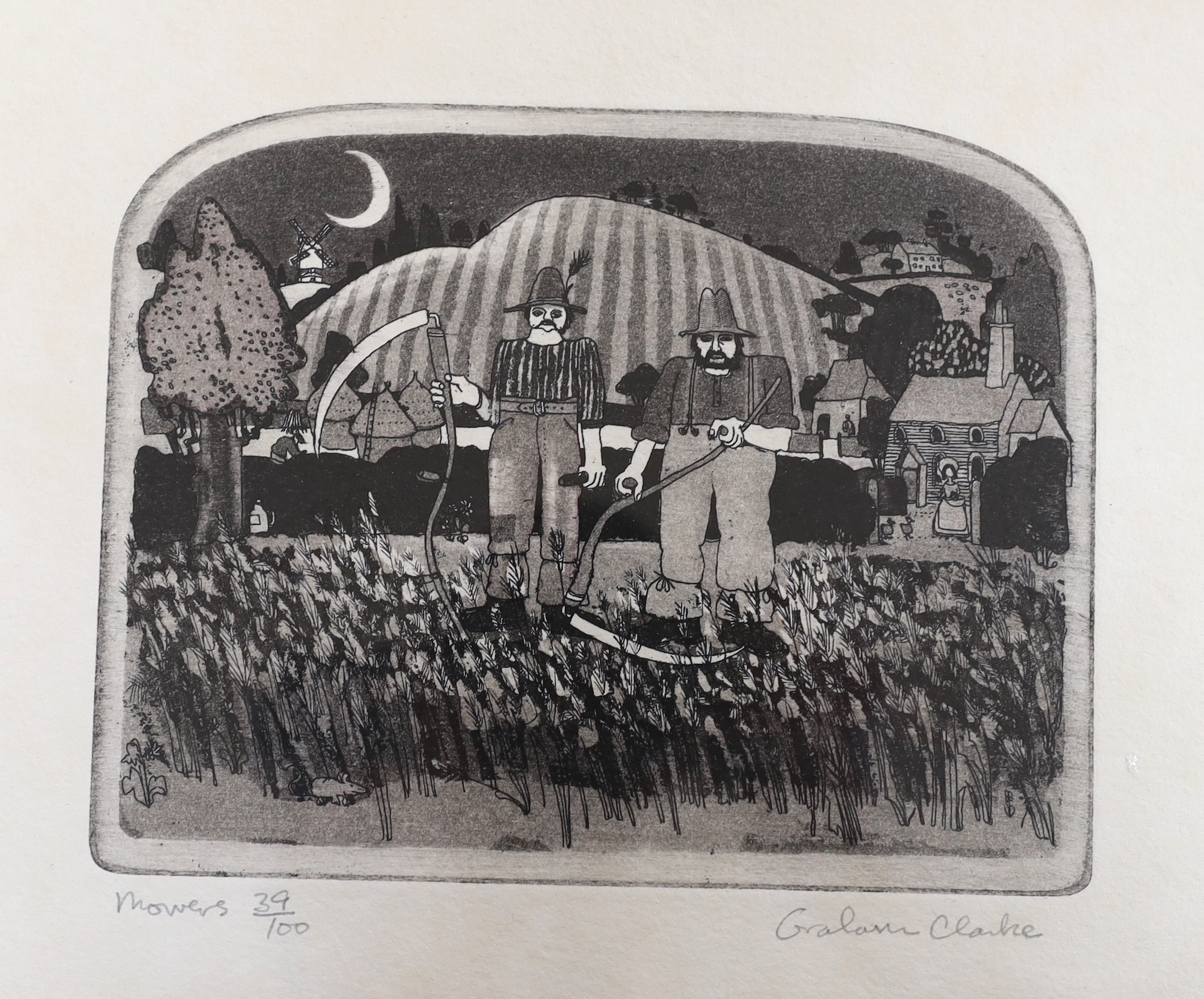 Graham Clarke (b. 1941) three limited edition etchings comprising 'Walton West', 'Mowers' and 'Tom's', each signed in pencil, largest 19 x 24cm